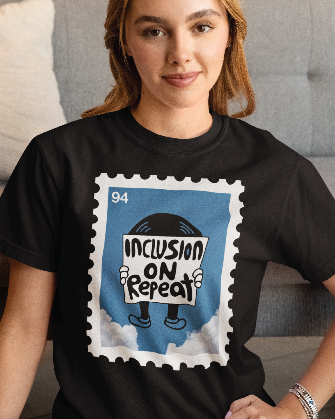 Adult Inclusion on Repeat Stamp Unisex Black Tee